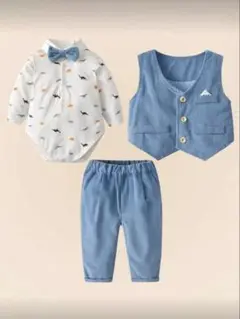 恐竜柄シャツ・デニム風ベスト・パンツセット
