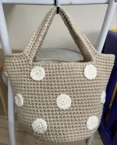 ☆水玉模様のマルシェバッグ☆ベージュ×ホワイト