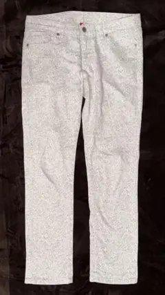 UJ総柄 スキニーフィットストレートパンツ 灰色柄白地ミドルライズ*ストレッチ