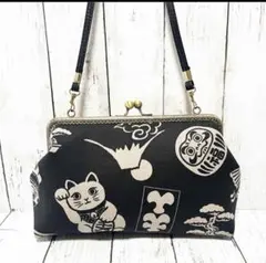 縁起物柄 がま口バッグ 合皮ショルダー付き　ハンドメイド