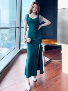 キャバドレス レース セクシー タイト スリット ロング丈ドット柄