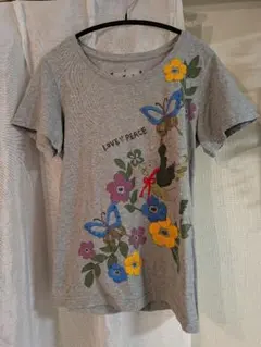 ScoLar　スカラー　LOVE PEACE 刺繍 半袖Tシャツ グレー　レア