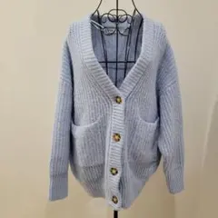 ZARA　水色　パッチポケットニットカーディガン　М
