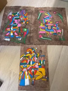 メキシコ民芸品 アマテ画 アマテ紙 絵画 3枚セット 古代文明風