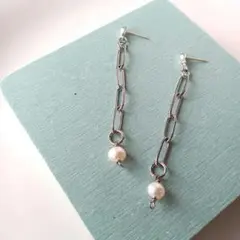 №474　淡水パール×ステンレスチェーンピアスイヤリング　ハンドメイド