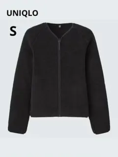 UNIQLO ソフトボアフリースVネックカーディガン（長袖） ブラック S
