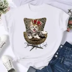 【‼️人気‼️】　カットソー　イラスト　XL ホワイト　猫　プリント　Tシャツ