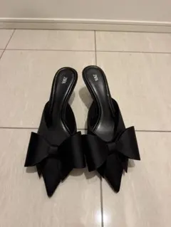 【1度のみ使用】ZARA サテンリボン ミュール ブラック 38のサムネイル