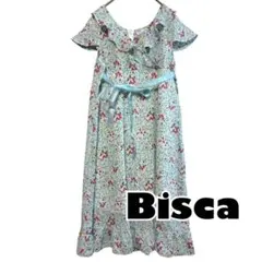 半袖　膝丈ワンピース　フリル襟　小花柄　総柄　ブラウス　水色　ウエストリボン