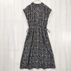 小花柄 ロングワンピース L 黒×白 サイドリボン 総柄 大人可愛い 春夏