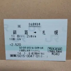 （使用済きっぷ）JRマルス券 自由席特急券 釧路→札幌