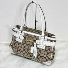 N411◯ COACH コーチ シグネチャー ハンドバッグ ホワイト ブラウン 