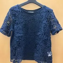 GLOBAL WORK ネイビー レース 半袖 Tシャツ S