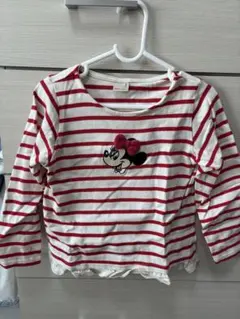 ミニー刺繍 長袖カットソー 赤白ストライプ