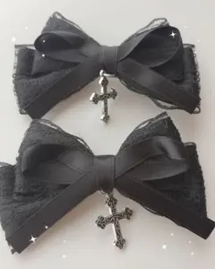 【地雷系】黒レース リボンヘアクリップ クロスチャーム付き