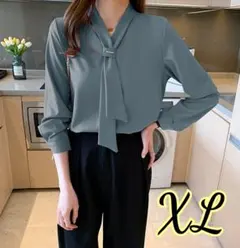 XL　ブルー　トップス　シャツ　ネクタイ風　オフィス　通勤　爽やか　着回し　韓国