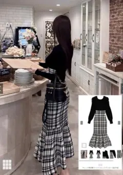 チェック柄切替マーメイドニットワンピース[kz719