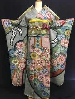 きぬたや風総絞り 黒赤染め分け牡丹藤振袖 袋帯 フルセット