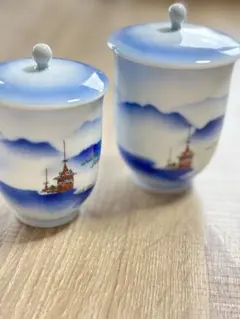 深川製磁 蓋付き湯呑み 2客セット 景観図 和食器 宮内庁御用達