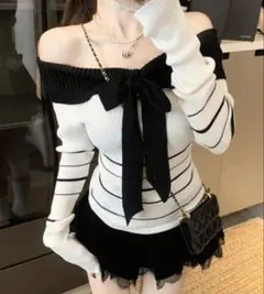 ニットトップス ガーリーオフショル ワンホン ホビ垢 リボン 可愛い 長袖
