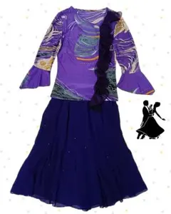 【ステージドレス】 紫と黒のフリルトップフレアスカート紫 社交ダンスd30