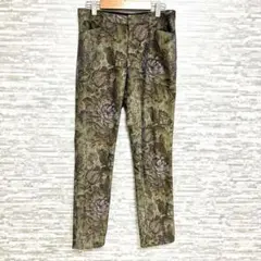 キョウコタカセ✨　花柄グリーンスラックス テーパードパンツ 9号 裏地あり 総柄