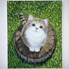 猫　草原　アクリル画　原画