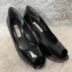 DIANA ダイアナ エナメルパンプス 黒×赤オープントゥ レッドソール 22