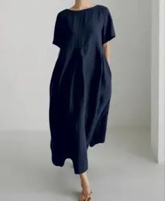 ネイビー 半袖 Aライン ロングワンピース