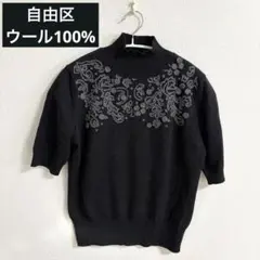 【美品】自由区 オンワード 半袖 ニット トップス ブラック 刺繍 ハイネックのサムネイル