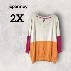 jcpenney 【2X】カラフル長袖ニット オレンジ×ピンク ゆったり