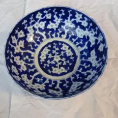 明治時代古伊万里ベロ藍蝶捻文印判手中押し鉢ボウル24cm伊万里焼骨董品