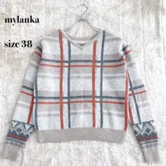 mylanka チェック柄 Vネックセーター ベージュサイズ38