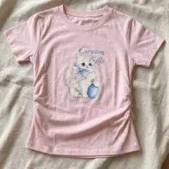 猫プリント ピンク 半袖Tシャツ