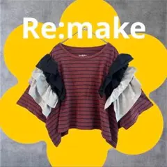 【古着リメイク】 バーガンディ ボーダー 赤 英字 ロゴ Tシャツ フリル