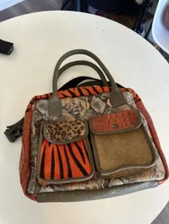 動物柄ハンドバッグ、オレンジ×茶色