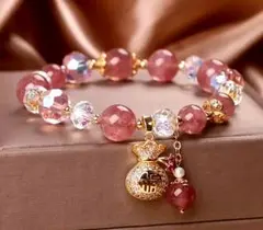 レディース・ビーズ/ブレスレット【ピンク✕金色・袋型チャーム付き】新品