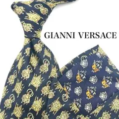 【美品】 GIANNI VERSACE ネクタイ 総柄 ネイビー イエロー