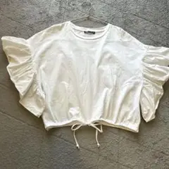 【ZARA 】フリル袖 ホワイト クロップド カットソー　Ｌサイズ　コットン