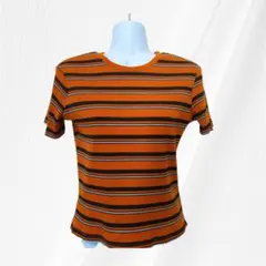 【ZARA TRAFALUC】 半袖リブニットトップス ボーダー柄 オレンジ M
