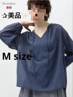 極美品 ユニクロ JWAnderson コットンシアーボリュームブラウス M 紺