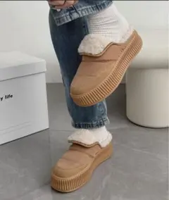 ファー付き厚底スリッポン ベージュ