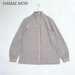 ハナエモリ 花柄刺繍 スタンドカラーシャツ ブラウス　M グレー　長袖　爽やかのサムネイル