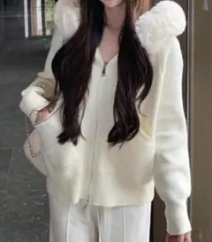 ファー付きパーカー ニットパーカー フーデットニットカーディガン