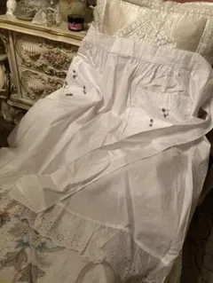 ホワイト　フリル　リボン　レース　昭和レトロエプロン　フランスアンティーク