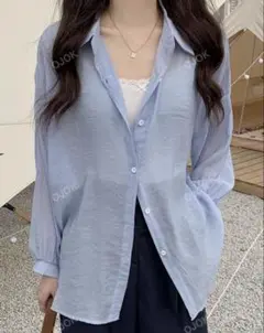 ドロップショルダー オーバーサイズシャツ ブルー 薄手羽織り シアーシャツ