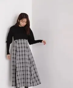 ナチュラルビューティーベーシック　チェックドッキングニットワンピース　ブルー