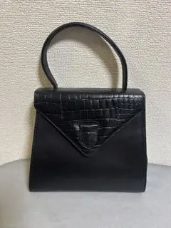 美品 日本製 クロコ 型押し エナメル ハンドバッグ ネイビー 