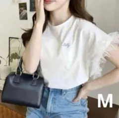 新品　モーメントプラス　綿100%フリルスリーブリボンプリント　Tシャツのサムネイル
