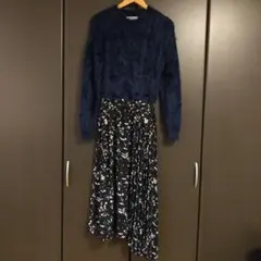 アンデミュウ シャギードッキング ワンピース 花柄 アシメ 長袖 ニット